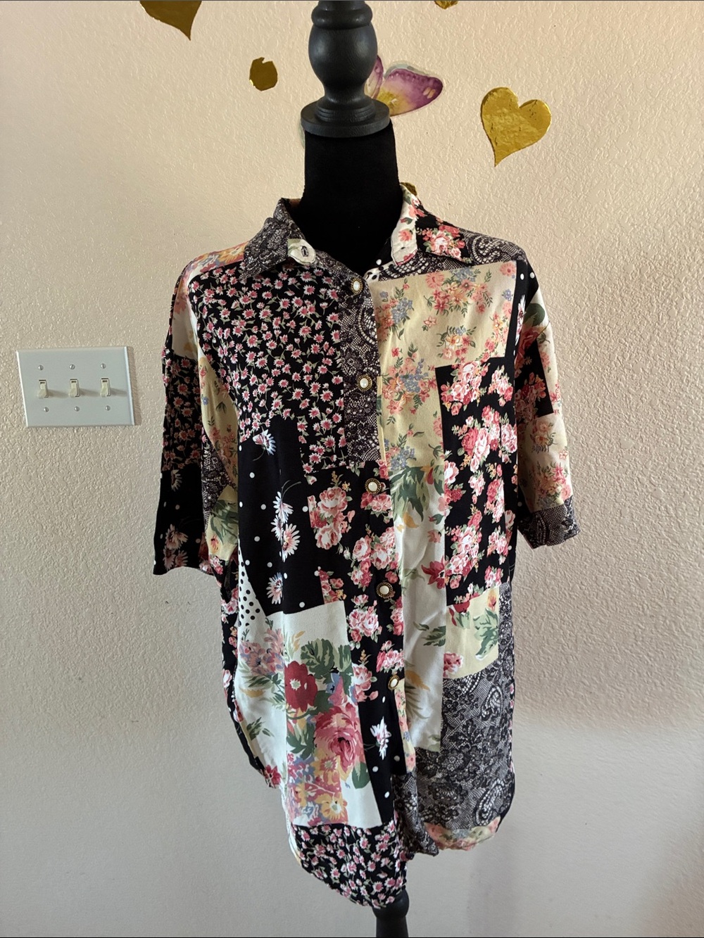 Floral Patchwork Button-Front Jacket - Black & Cream